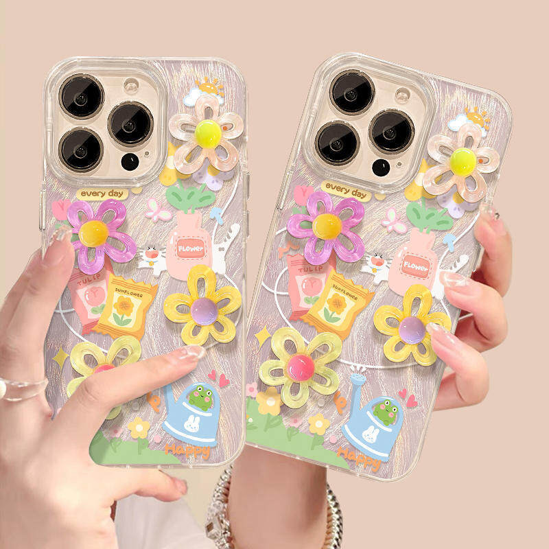 3d สีสันดอกไม้ขนาดเล็กน่ารัก Graffiti เลเซอร์ Feather กรณีเคสโทรศัพท์สําหรับ iPhone 11 12 13 14 15 Pro MAX Plus 8 7 Plus X XR XS MAX ปลอกกันกระแทก TPU ป้องกัน