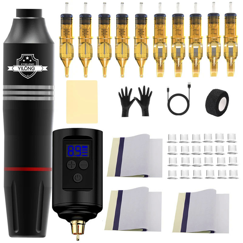 YILONG เครื่องสักมืออาชีพราคาถูกสำหรับมือใหม่ ชุดเครื่องสักถาวรแบบไร้สาย ชุดเครื่องสักครบชุด