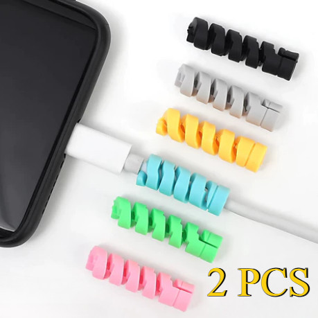 2 PCS สายชาร์จฝาครอบ เครื่องม้วนสายข้อมูล สาย USB ปลอกป้องกัน เครื่องม้วนกระสวย ตัวป้องกันสายข้อมูล สปริงเกลียวเชือก