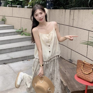 🌷GGals🌷​เสื้อสายเดี่ยวถักไหมพรม ผูกโบว์ ลวดลายเก๋ๆ ดีเทลปลายทิ้ง เสื้อแขนกุด สไตล์ลำลอง น่ารักสุดๆ#61800