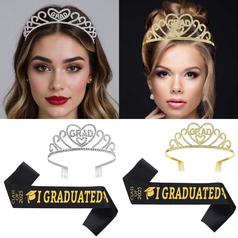 Rich 2025Rhinestones Queen Styles Crown และ Sash Happy Graduation สายคล้องไหล่
