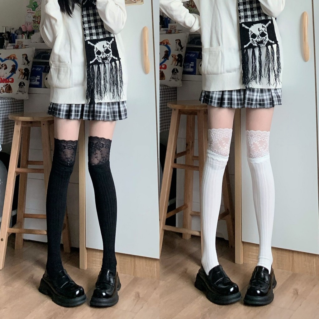 พร้อมส่งในไทย🎀 ถุงเท้ายาวเหนือเข่า JK ของญี่ปุ่น ถุงเท้าลูกไม้โลลิต้าหวานน่ารัก นุ่ม สบาย และน่ารัก