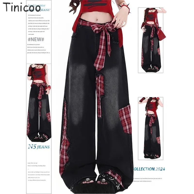 ทินิคู กางเกงยีนส์ขากว้างเอวสูงเย็บลายสก๊อตสีแดงสําหรับผู้หญิง