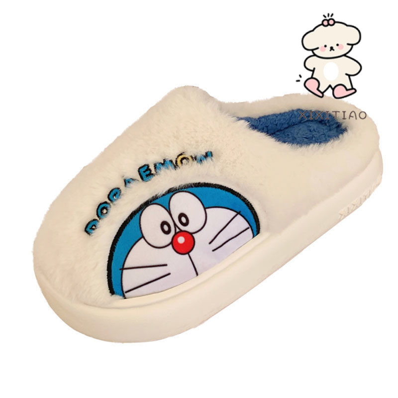 Xitiao ฤดูใบไม้ร่วงฤดูหนาว Doraemon ip Co-Branded Warm Baotou รองเท้าแตะผ้าฝ้ายการ์ตูนน่ารัก Tinkerbell Cat Soft Sole Confinement รองเท้าผู้หญิง