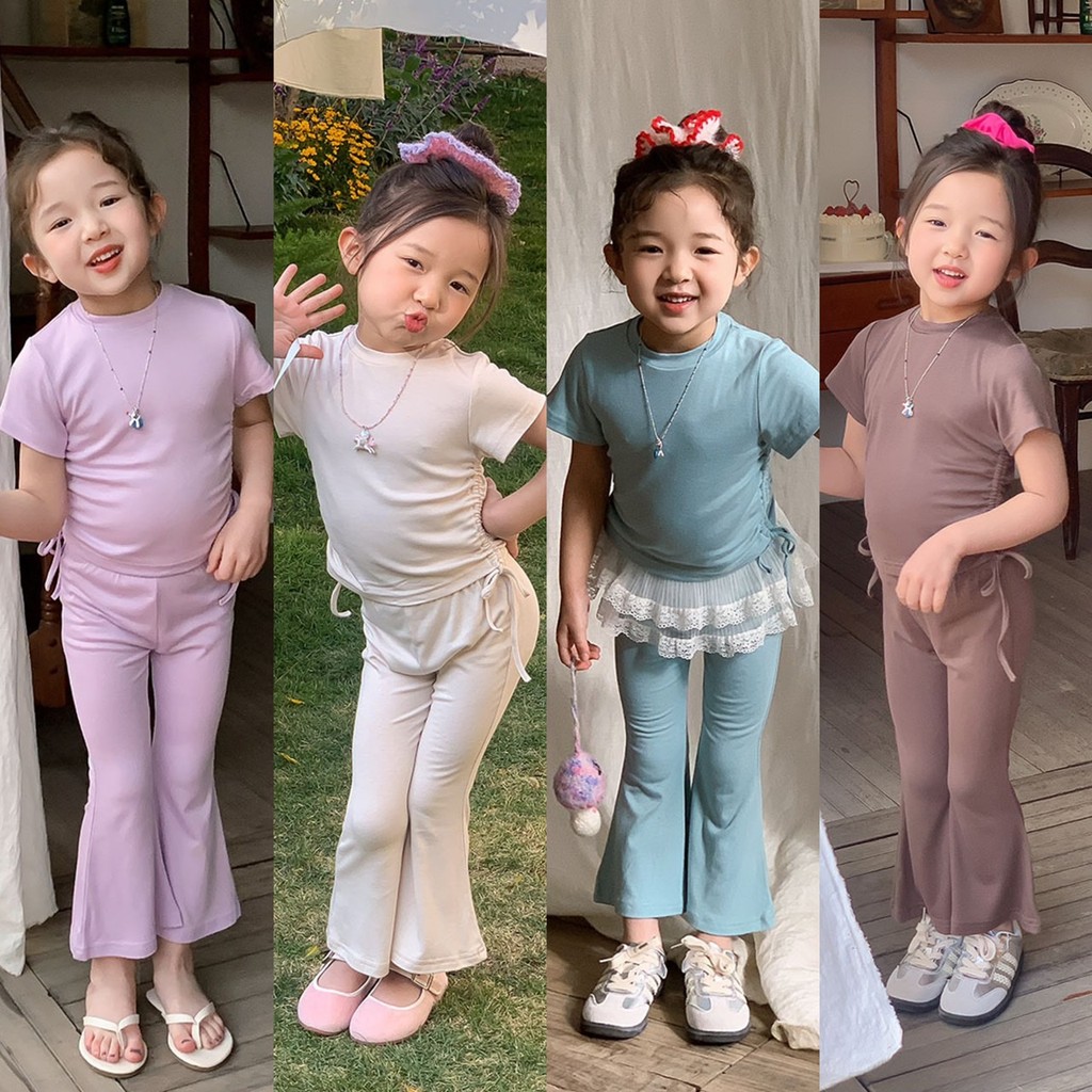 PRETTY BABY ชุดเซ็ทเด็กผู้หญิง เสื้อผ้ายืด รูดด้านข้าง+กางเกงขาม้า เนื้อผ้าใส่สบาย(1499)