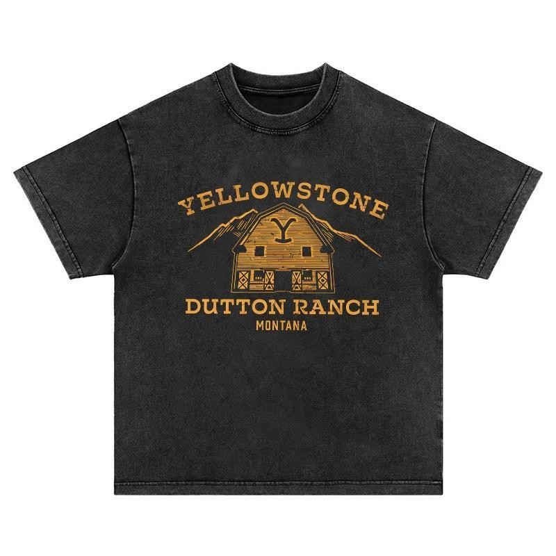 (จัดส่งตลอด 24 ชั่วโมง)เสื้อยืดฟอก เสื้อยืด Oversize เสื้อยืดวินเทจ Yellowstone Dutton Ranch สไตล์คาวบอย มอนทาน่า