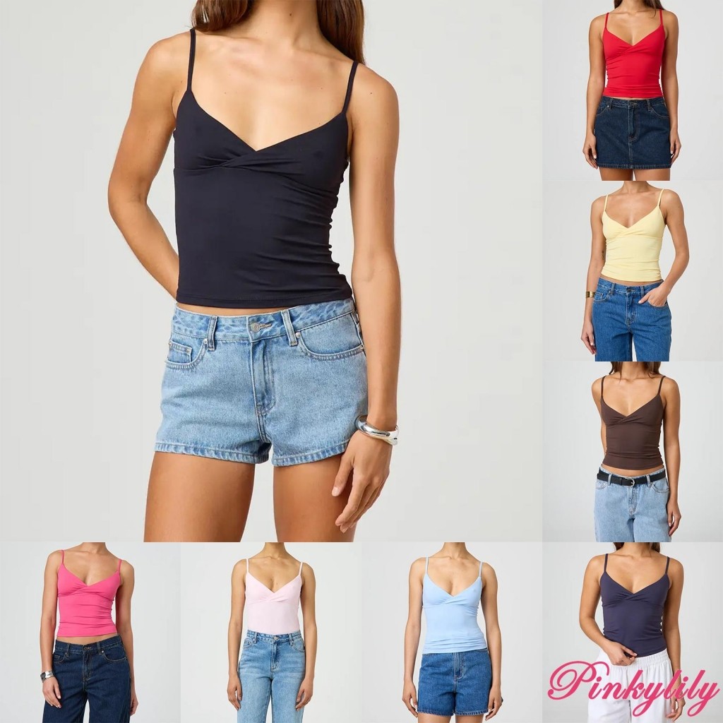 Pink -เสื้อครอปสายเดี่ยวแขนกุดเปิดหลังคอวีสีทึบทรงสลิมฟิต