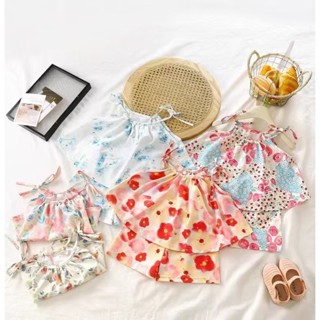 ชุดเซ็ต2ชิ้น เด็กดอกไม้แขนกุด ชุดสวย ทรงกางเกงขาสั้นดอกไม้🍒🍒