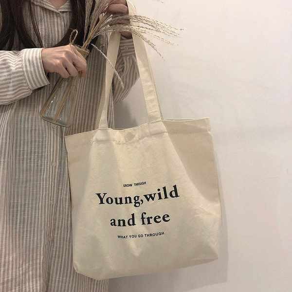 tote bag กระเป๋า tote bag เตรียมใจ สไตล์จดหมายกระเป๋าผ้าใบเรียบง่ายสไตล์เกาหลีสไตล์ขี้เกียจขนาดใหญ่-ความจุกระเป๋าช้อปปิ้งชายนักเรียนหญิง ระดับ ที