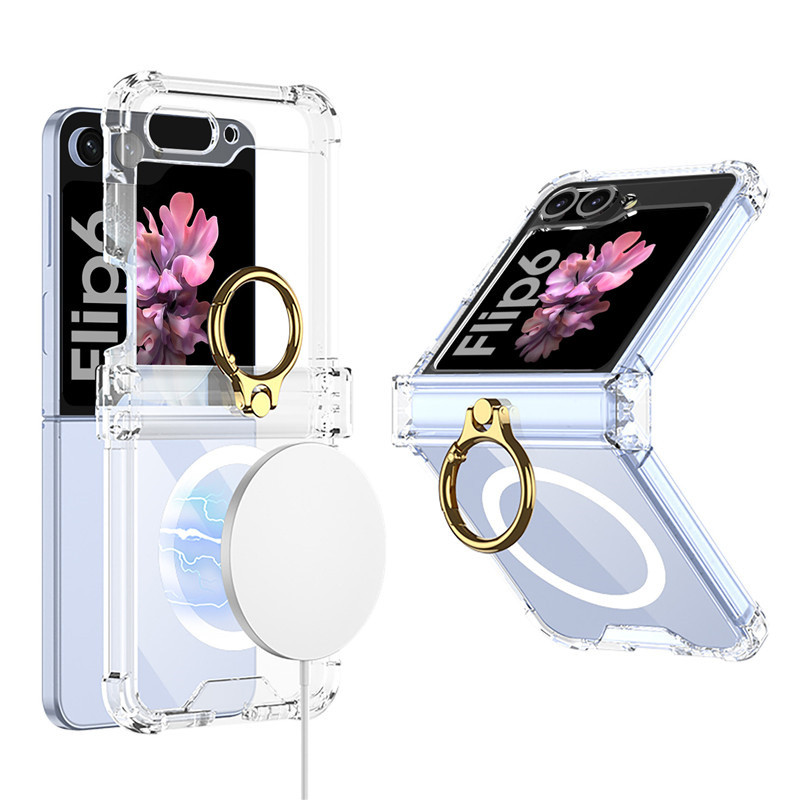 ที่วางแหวนโปร่งใสบานพับพับเคสแม่เหล็ก Samsung Galaxy Z Flip 6 Z Flip 5 Z Flip 4 Z Flip 3 ไร้สายชาร์จกันกระแทก