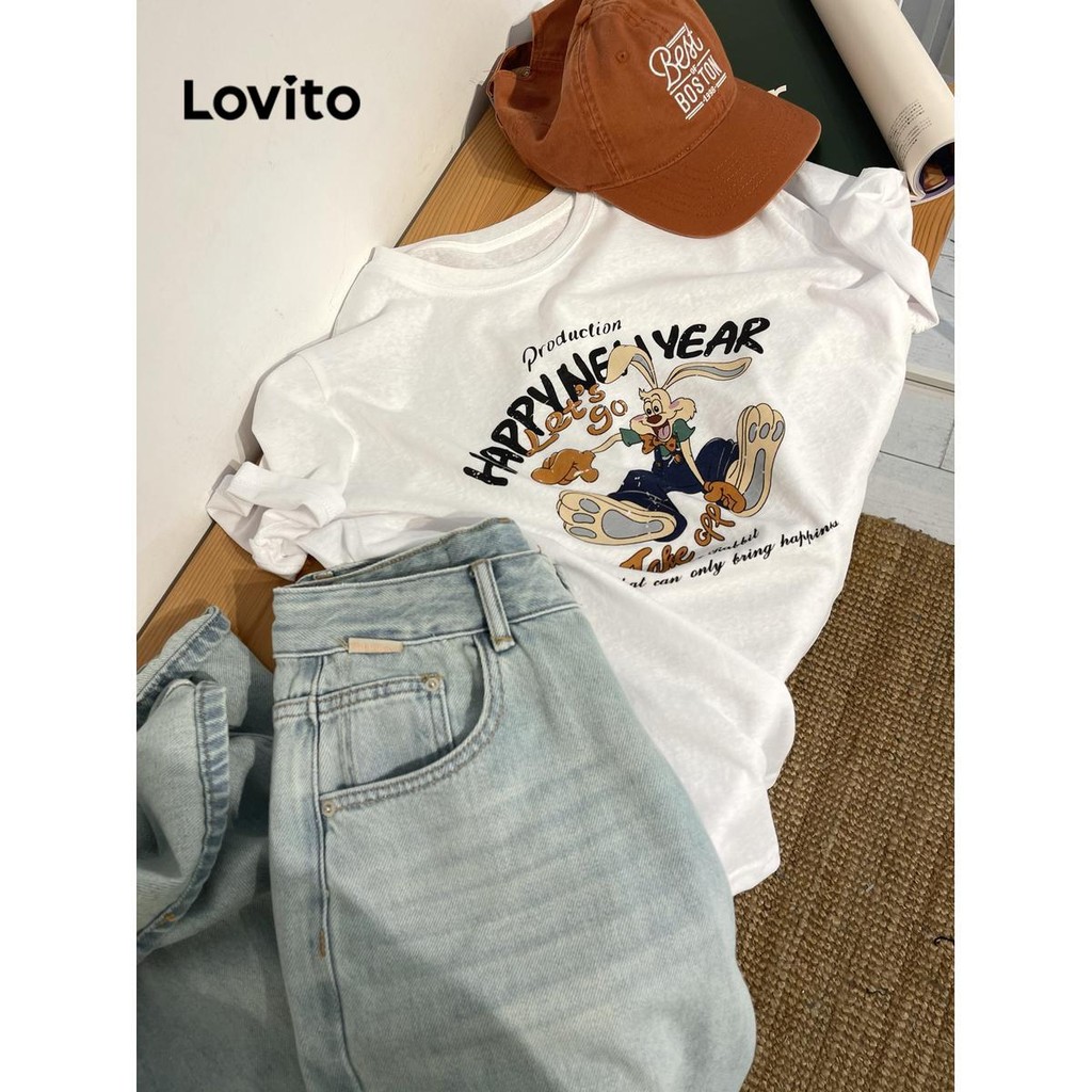 Lovito เสื้อยืดลายธรรมดาสำหรับผู้หญิง LNE77634