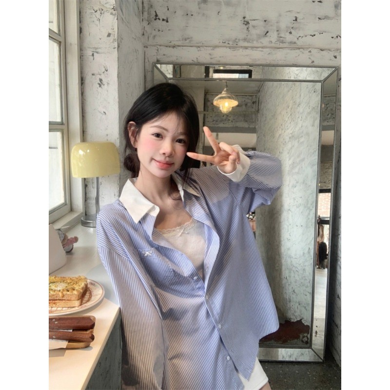 Fy💜เสื้อเชิ้ตลายทาง คอโปโล แขนยาว ประเภทรุ่นหลวม วิทยาลัย เวอร์ชั่นเกาหลี หวาน จัดส่งภายใน 24 ชั่วโม