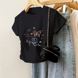 [พร้อมส่งจากกรุงเทพ] เสื้อยืดแขนสั้น เอวจั้ม เสื้อเอวจั้ม เสื้อยืดผู้หญิง ลายสกรีน เสื้อยืดได้เยอะมาก ผ้าไม่หนา ใส่สบาย