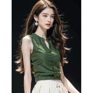 ฤดูร้อนฝรั่งเศสสไตล์ใหม่สีเขียวที่สวยงามแคบ-เอวเสื้อกั๊กสั้นเสื้อแฟชั่นยอดนิยมอารมณ์สบายทุกการแข่งขันพจนานุกรม