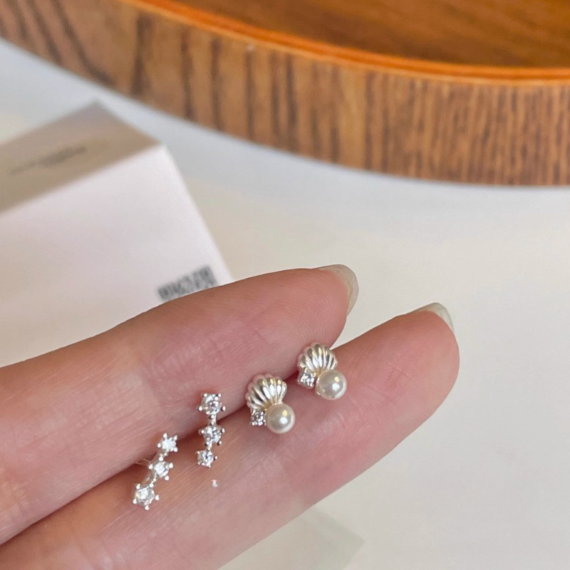 4 ชิ้น/ล็อต Pearl Shell S925 Silver Plated Ear Studs Zircone ต่างหูอุปกรณ์เสริม