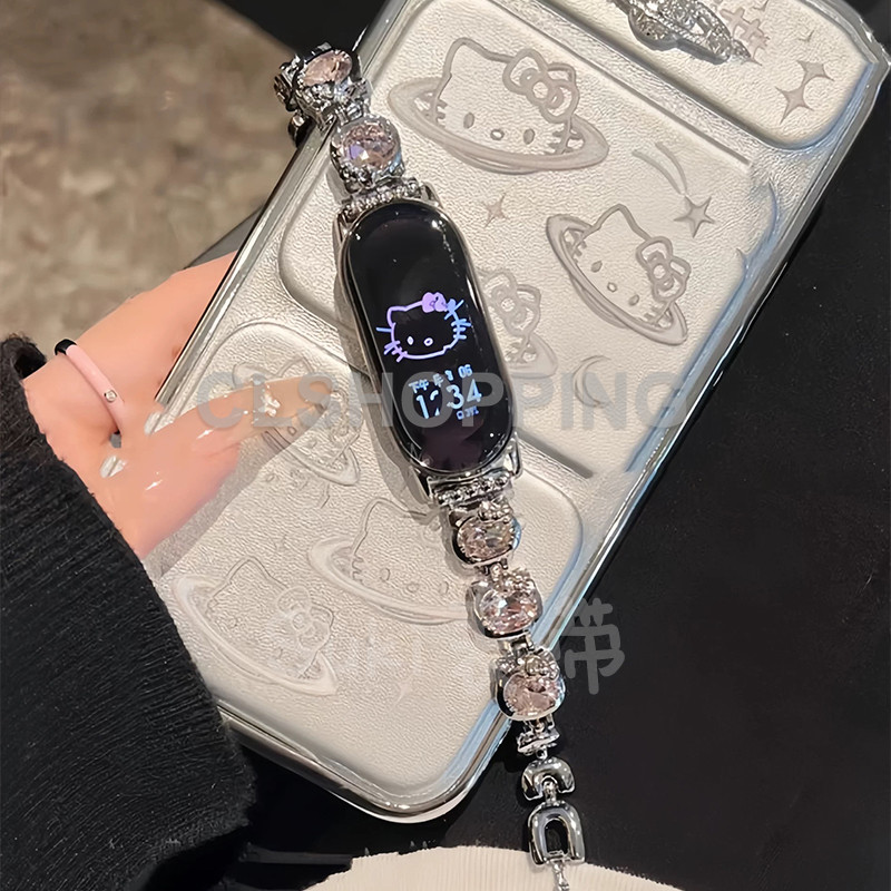 SANRIO Hello Kitty สีสันประกายZirconสําหรับXiaomi smart band 9 pro 8 NFC mi band 10 7 6 5 4 3 Sanrioโลหะสายรัดข้อมือRedmi smart watch 5 4 3Active lite 22 มม.ผู้หญิงWirtband