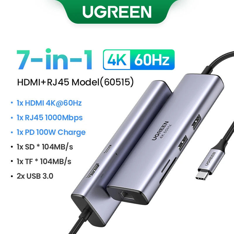 Ugreen Usb C Hub 7-in-1 Type-C ถึง 4K60Hz HDMI HDR PD100W RJ45 SD&TF Usb Splitter สําหรับแล็ปท็อป