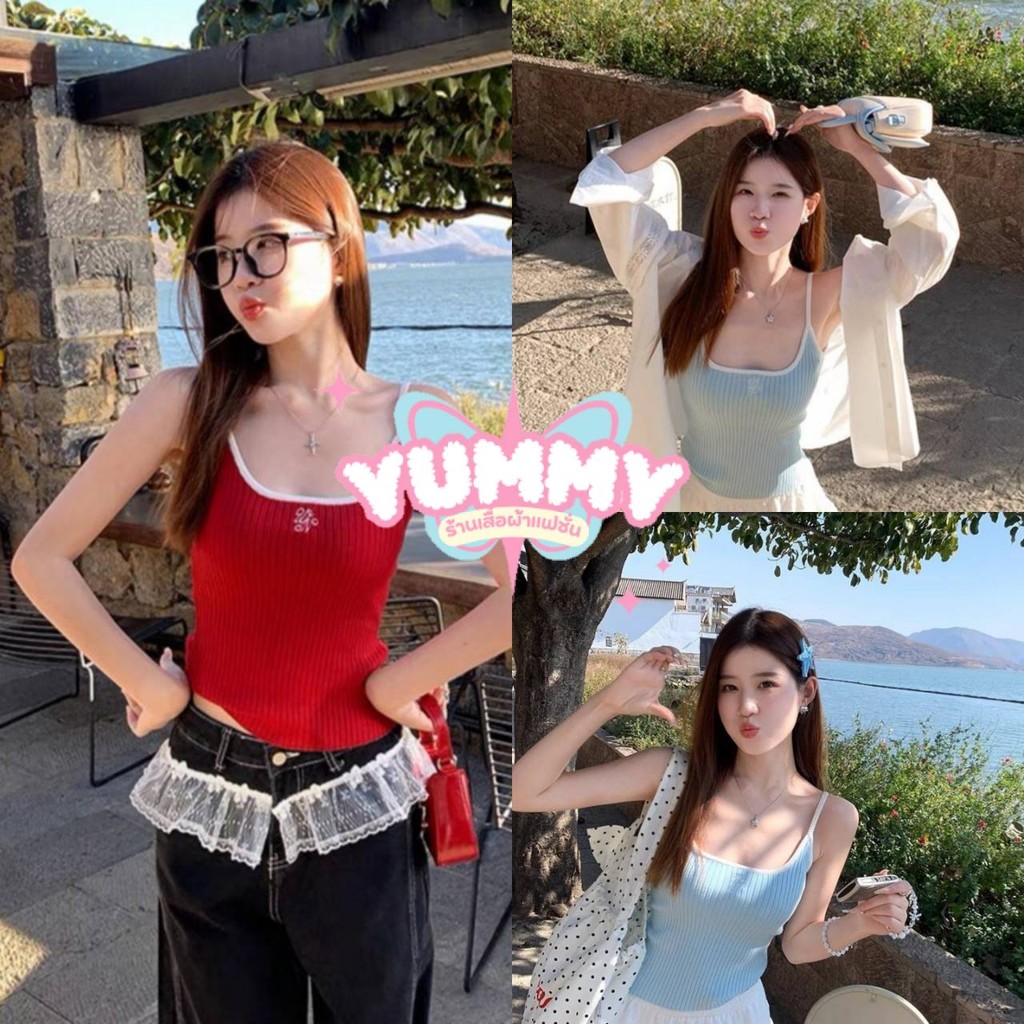 🎀Yummy Shop🎀พร้อมส่ง (Y9911) เสื้อสายเดี่ยว สีสดใส ผ้าร่องปักตัวอักษร ซัมเมอร์