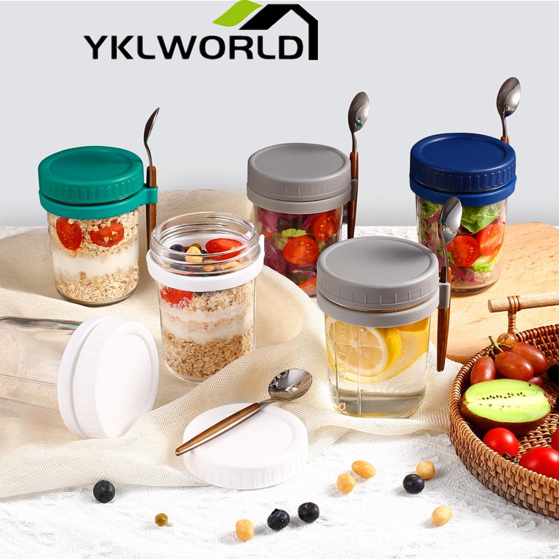 YKLWORLD •พร้อมส่งจากไทย• ถ้วยใส่อาหารเช้า อเนกประสงค์ ถ้วยข้าวโอ๊ตนม ส่งช้อน มีฝาปิด แก้วน้ำ ขนาด 350ml
