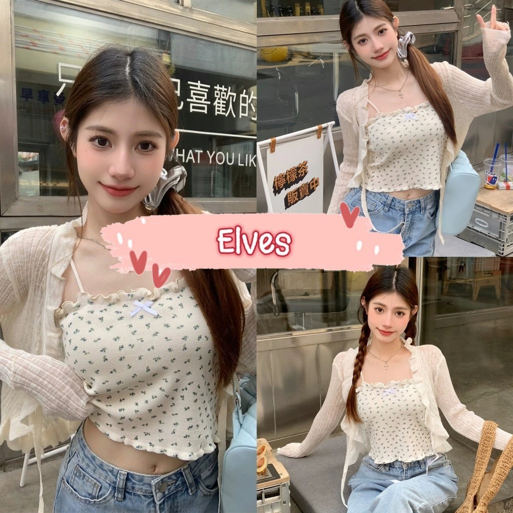 Elves✨พร้อมส่ง✨ เสื้อสายเดี่ยวไหมพรม ลายเอกไม้น่ารักสไตล์เกาหลี ~68143~