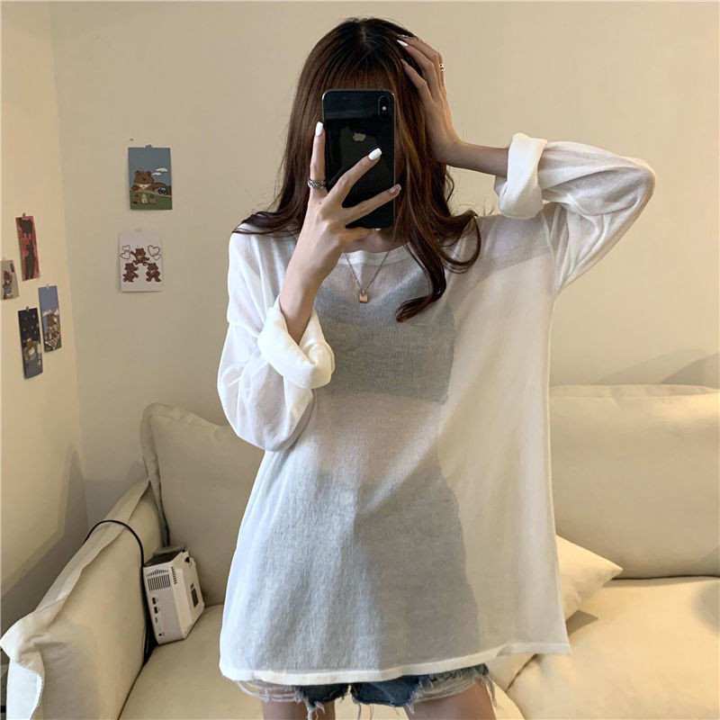 เสื้อยืดแขนยาวผู้หญิงซีทรูสีขาวบางสไตล์เกาหลีอินเสื้อป้องกันแสงแดดแบบหลวม