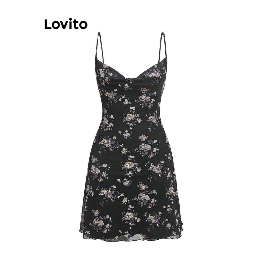 Lovito ชุดเดรสผู้หญิง แต่งตาข่ายตัดกัน ลายดอกไม้ สไตล์โบโฮ L86ED047
