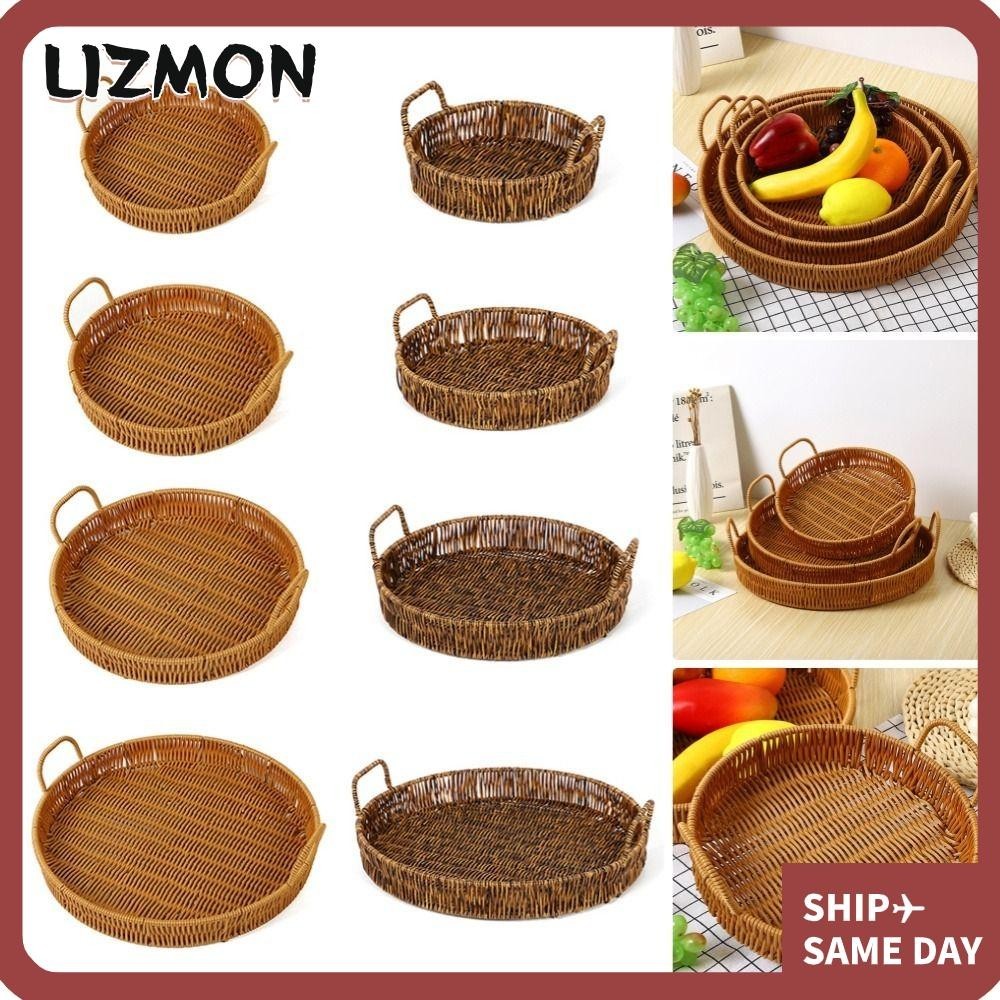 Lizmon ตะกร้าหวายสาน พลาสติก ทรงกลม ทนทาน สําหรับใส่อาหารเช้า ผัก ผลไม้ เค้ก ขนมปัง 1 ชิ้น