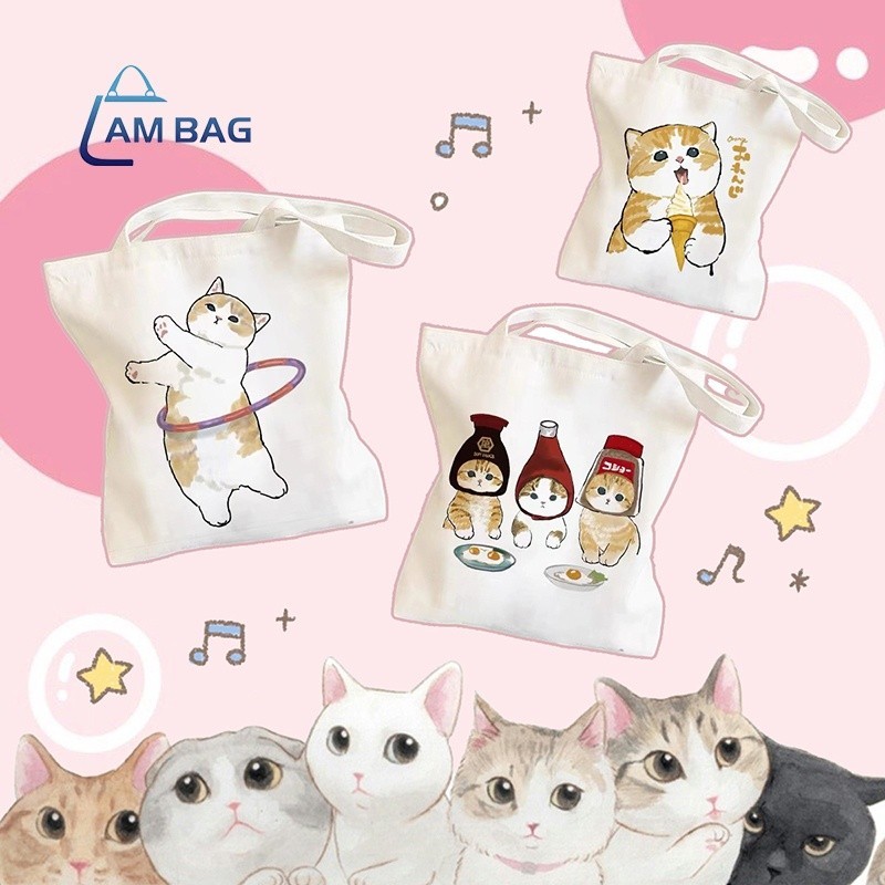 LoVinTH--- กระเป๋าผ้ามินิมอล กระเป๋าถือ ผ้าแคสวาส 12 สกรีนลาย (แมวเหมียว) สุดน่ารัก กระเป๋า Tote Bag