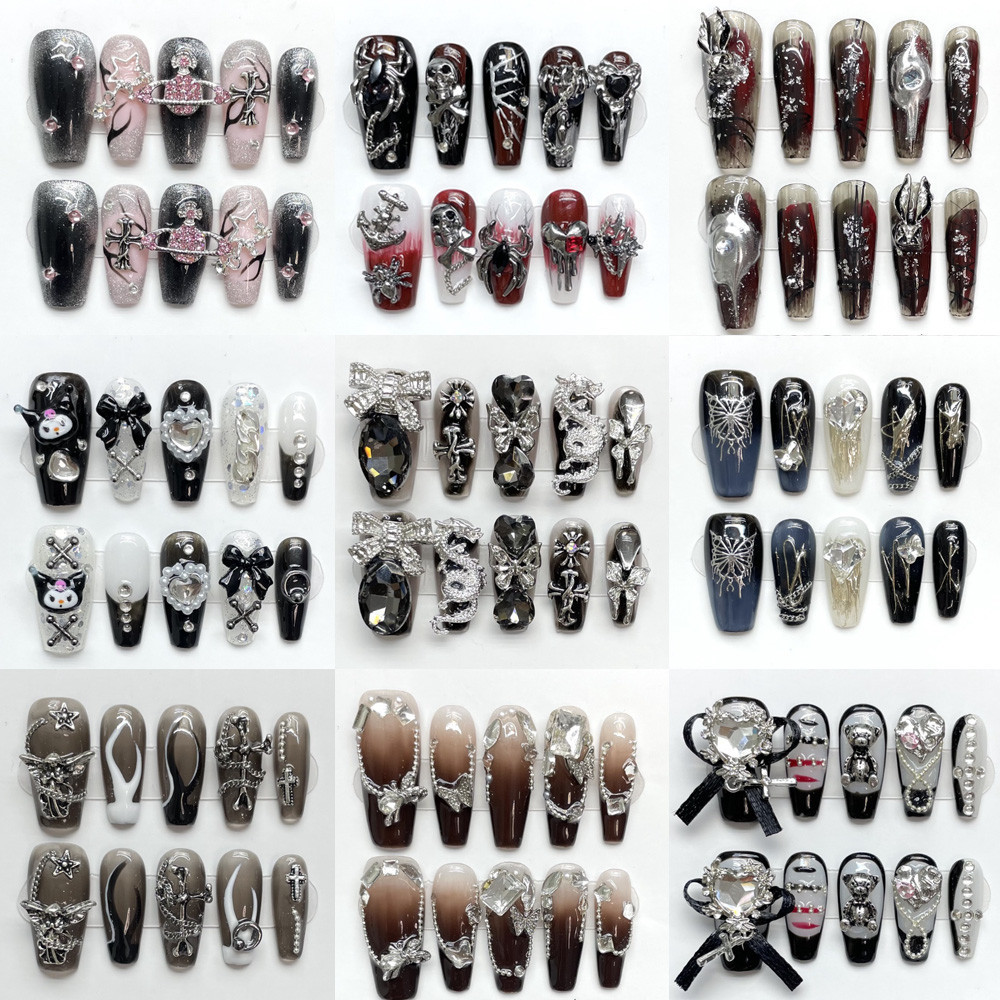 100 % HANDMADE ยาวสี ่ เหลี ่ ยมคางหมูยาวโลงศพรูปร ่ างประดิษฐ ์ เล ็ บ Babes Sparkling สีดําเปลวไฟ Gothic dark cool World-weary Smoky สไตล ์ Phototherapy เล ็ บนํามาใช ้ ใหม ่ และถอดเล ็ บ