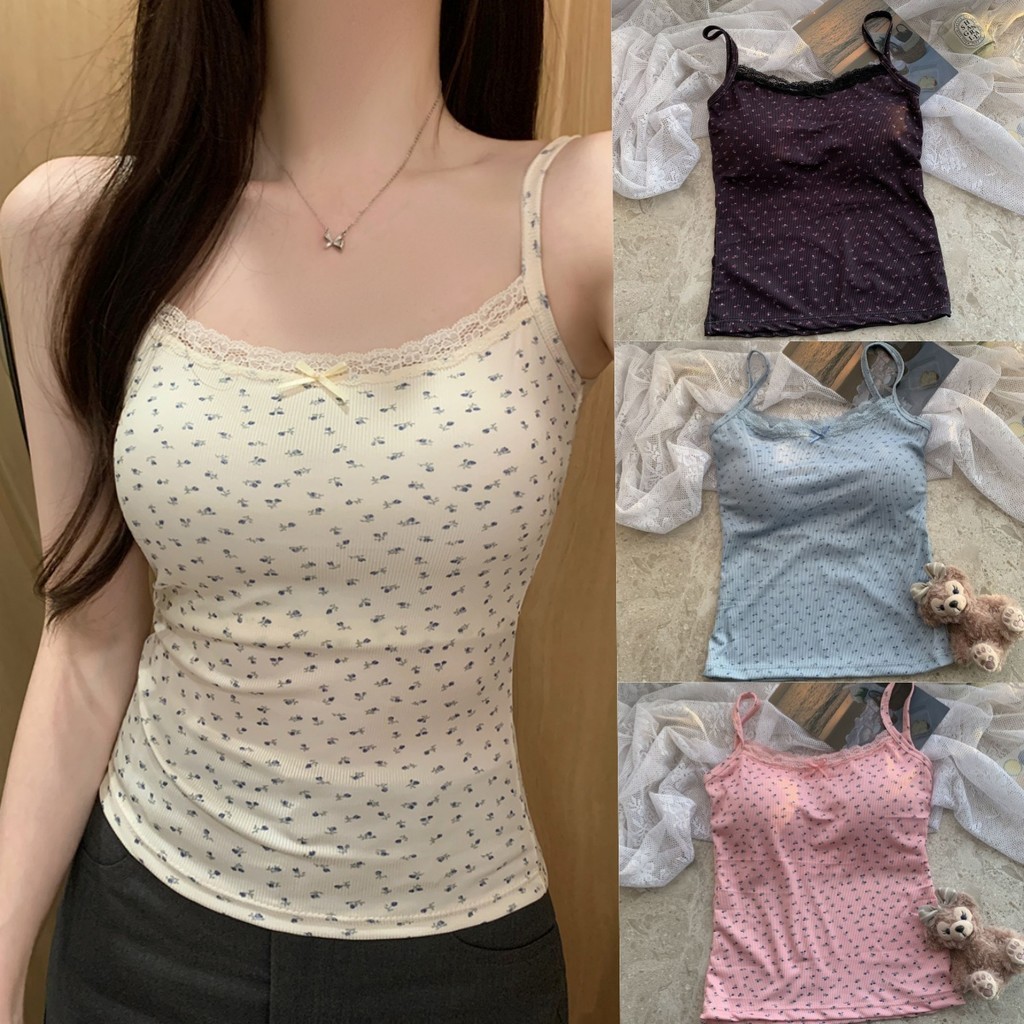 🌛Evelyn🌜 เสื้อไปทะเล โบว์ลูกไม้ ซับใน ลายดอกไม้⭐เสื้อกล้าม แฟชั่น ใส่สบาย🌟#XP9094