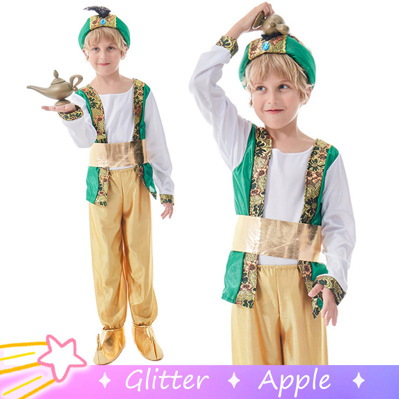 Grimms Fairy Tales Prince Aladdin Tales จาก 1001 Nights คอสเพลย์เครื่องแต่งกายสีเขียวชุดสําหรับเด็ก 