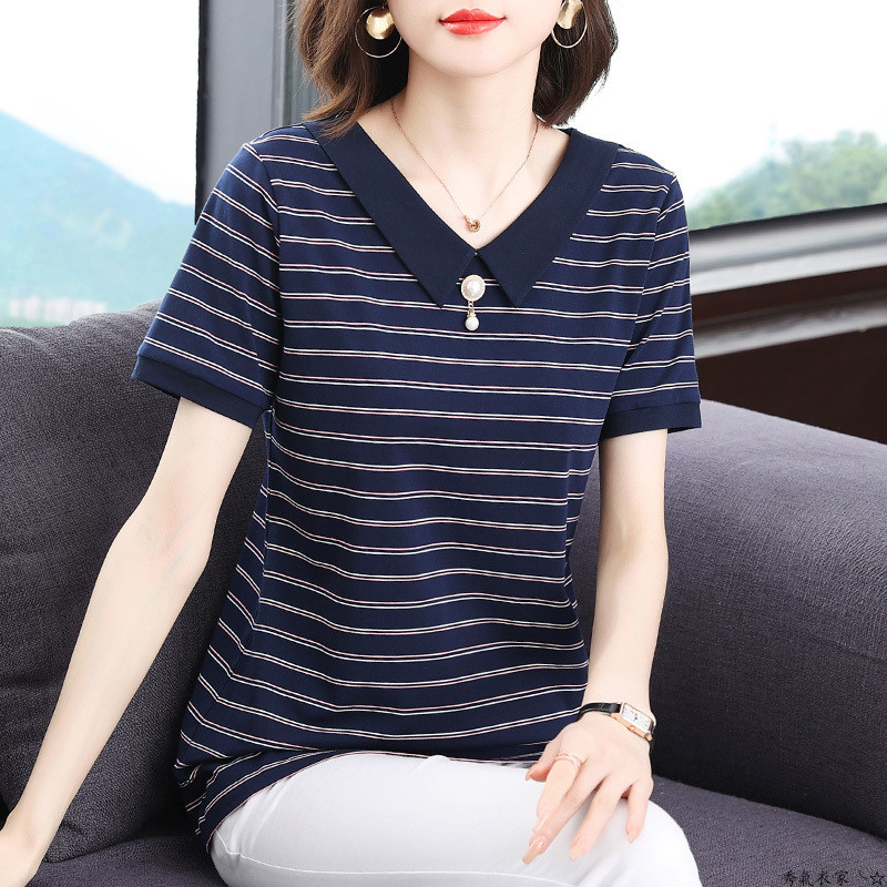 พลัสขนาดผู้หญิงเสื้อผ้าฤดูร้อนคอสูงแม่เสื้อผ้าตุ๊กตาปกลายแขนสั้นเสื้อยืดผู้หญิงไขมันมม.หลวมด้านบน