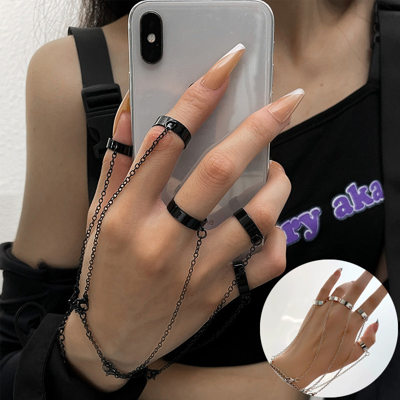 Nail Art Fashion Matching Sccessories แหวนผสมโซ่บันจี้จัมส่วนบุคคลสร้างสรรค์พังก์เปิดแหวนนิ้วชี้ชิ้นเดียวสไตล์คู่