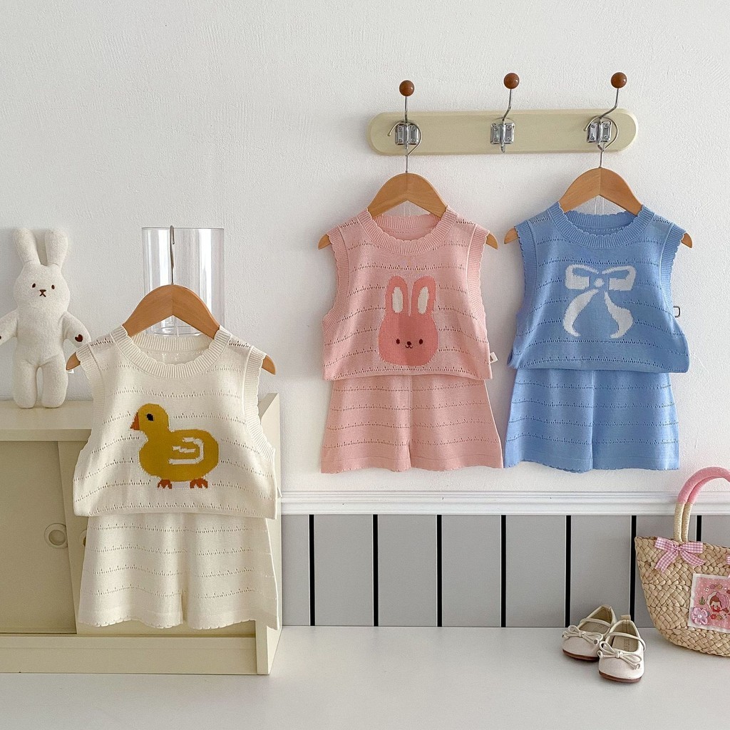 ชุดถักเด ็ ก 0-5 ปีฤดูร ้ อนชายหญิงกางเกงขาสั ้ นแขนกุดชุดสูทสองชิ ้ น - รูปที่ 2