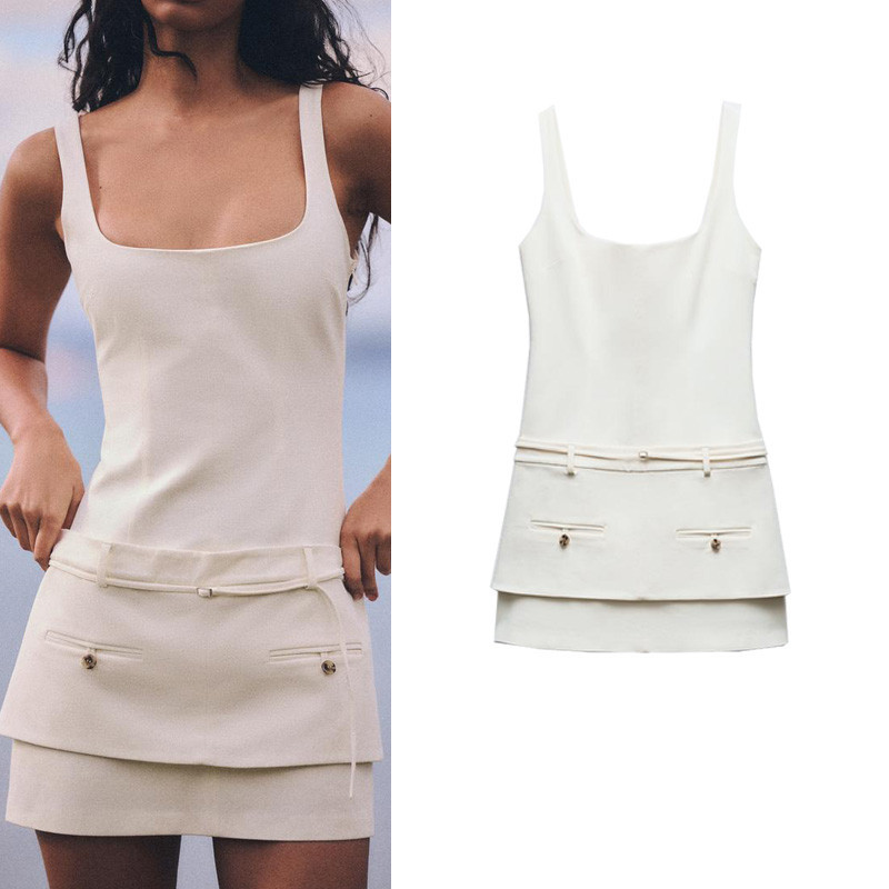 Zara Commuter Wide Shoulder Strap Square Neck with Belt Slim-fit Dress 3157786