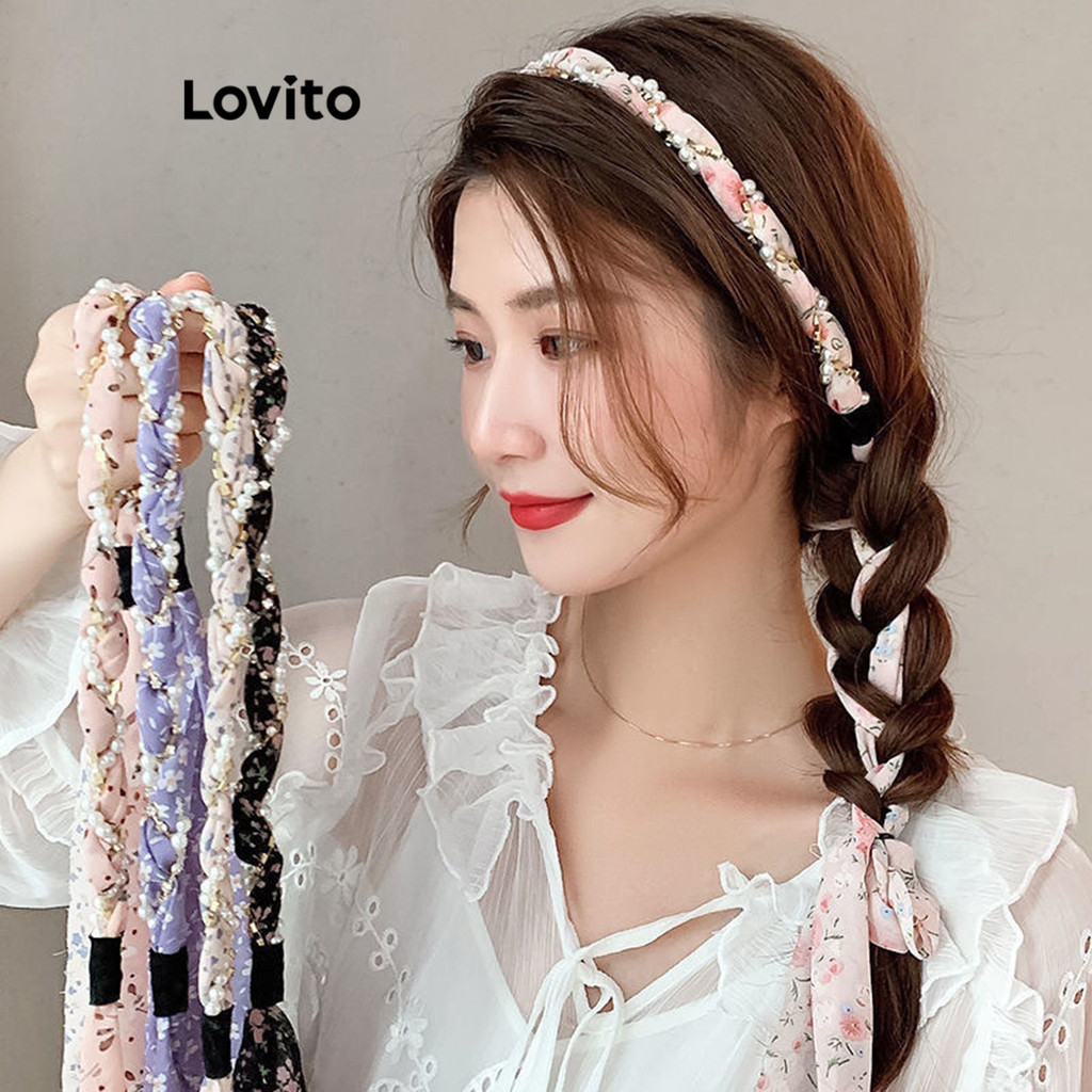 Lovito ที่คาดผมผู้หญิง แบบริบบิ้น ผ้าชีฟอง แต่งโบว์ ไข่มุก ลายดอกไม้ แนวหวาน แฟชั่น สไตล์หรูหรา LFA21370