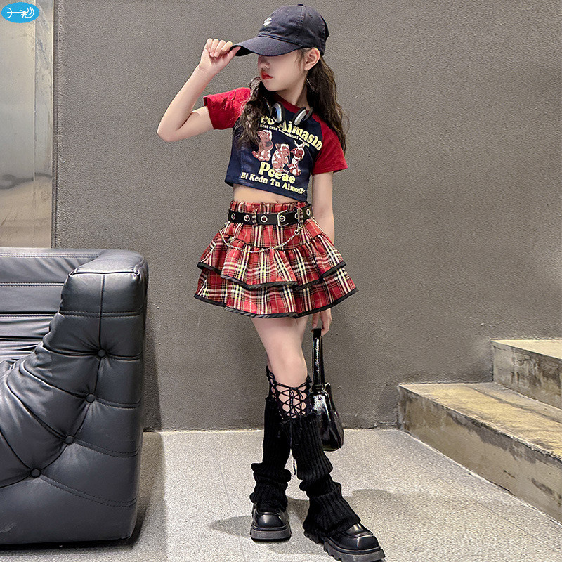 กระโปรงเด็กผู้หญิงเสื้อยืดแขนสั้นการ์ตูนฤดูร้อน + กระโปรงลายสก๊อตชุดสองชิ้น 5-14 ปี