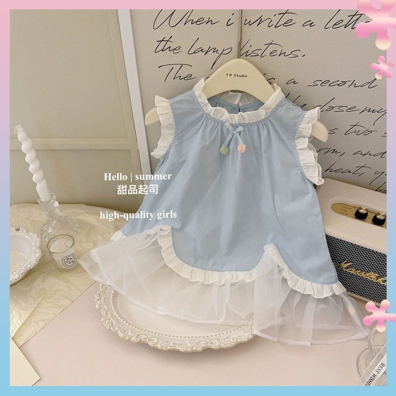 Girls' Dress Summer New Baby Girls' Cute Princess Sweet Bow Wooden Ear Stitching Vest Skirt