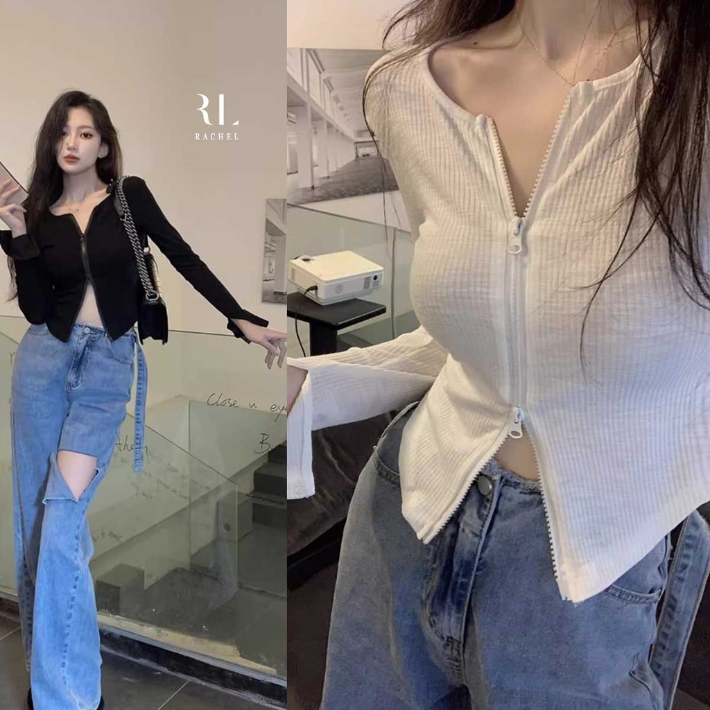 เสื้อเครอปแขนยาวแต่งซิปหน้าใช้งานได้จริง  คอวีเซ็กซี่ สไตล์เกาหลี