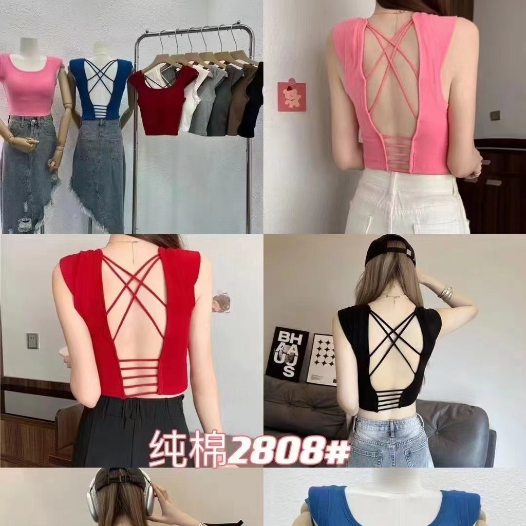 แขนระบายเสื้อผู้หญิงโชว์หลัง เซ็กซี่ เสื้อกั๊กกับมีแผ่นฟองน้ำ ใส่ข้างนอกได้