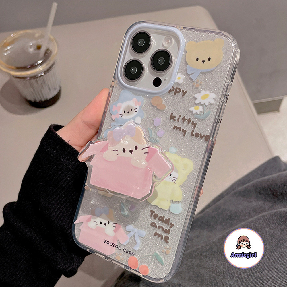 การ์ตูนแมวผู้ถือglitter Clearเคสโทรศัพท์สําหรับIPhone 11 15 14 Pro Max 12 13Promax XS XR 7 8Plusกันกระแทกโทรศัพท์ปกหลัง
