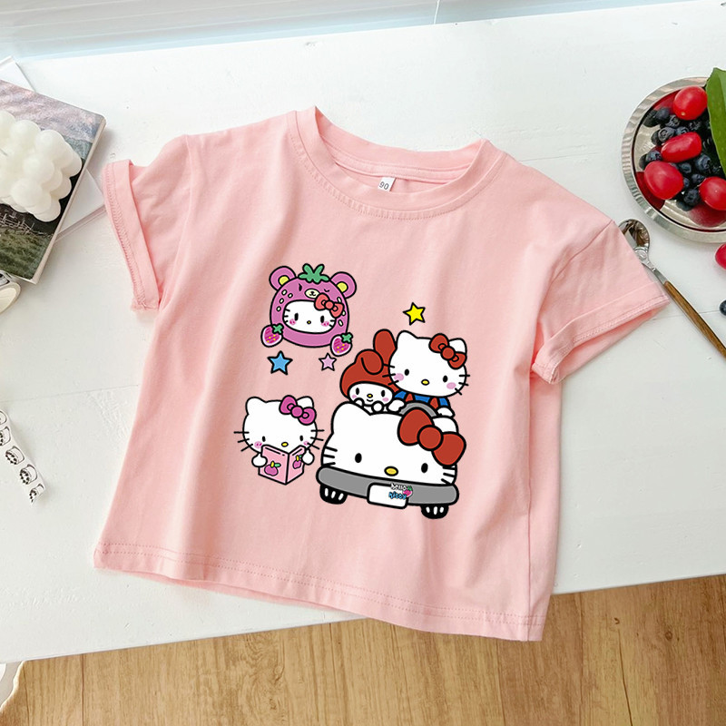ฤดูร้อนใหม่ Hello Kitty Cat เสื้อยืดแขนสั้นแฟชั่นแบรนด์เสื้อผ้าเด็ก Top