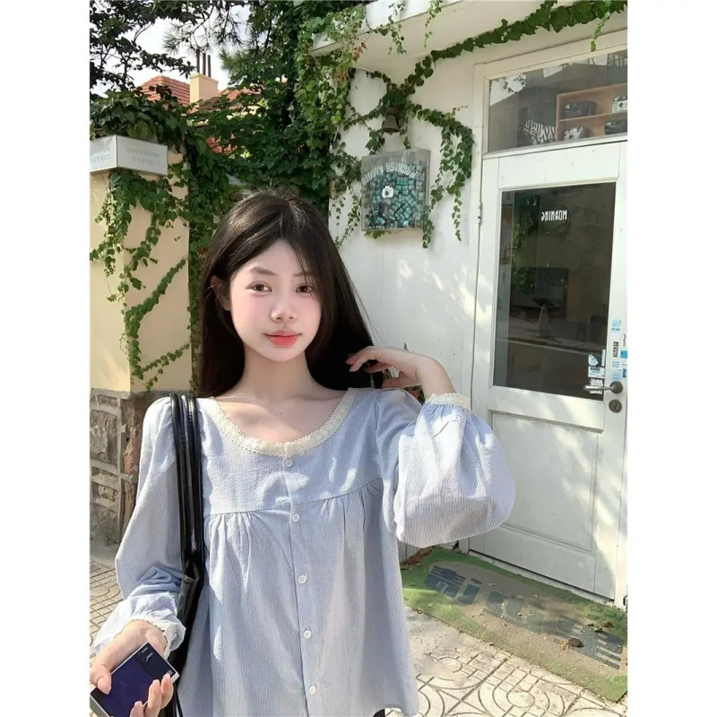 Mona เสื้อเชิ้ต แขนยาว สไตล์หลวมและสบาย ๆ เสื้อผ้าแฟชั่นสไตล์เกาหลี จัดส่งที่รวดเร็ว