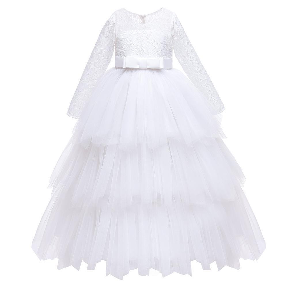 สาว Maxi ชุดอย่างเป็นทางการงานแต่งงานแฟชั่นแขนยาวเด็ก Ball Gown ดอกไม้สาวเพื่อนเจ้าสาวเจ้าหญิงยาวพรหม Tulle ชุดสีชมพู/ครีม/สีขาว