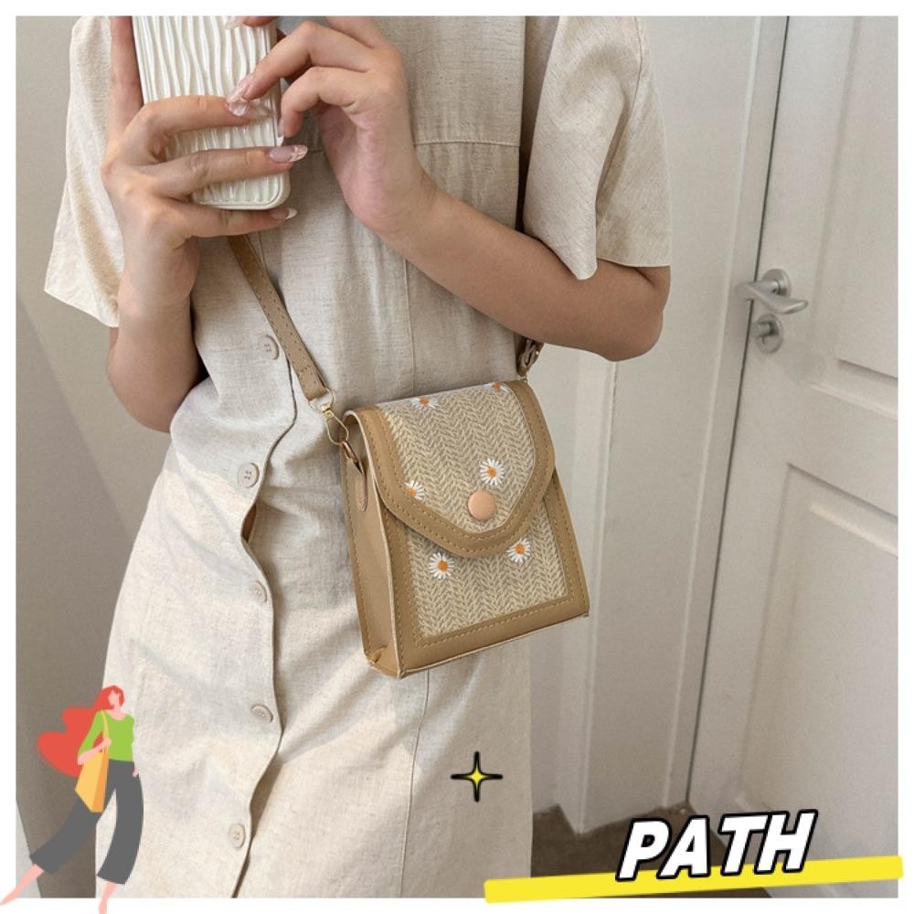 Path เย ็ บปักถักร ้ อย Bag, Straw Little Daisy Straw Plaited Phone Bag, Casual Dacron Shoulder Crossbody Bag