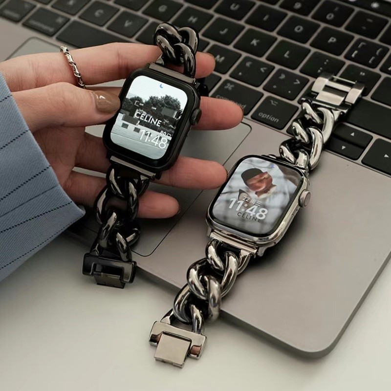 สายสแตนเลสสําหรับสมาร์ทนาฬิกา 10 9 8 49 มม.7 5 SE 3 Ultra 2 หนา Cuban Link สําหรับ iWatch 46 มม.41 มม.45 มม.38/42 มม.40/44 มม.สร้อยข้อมือสุภาพสตรี