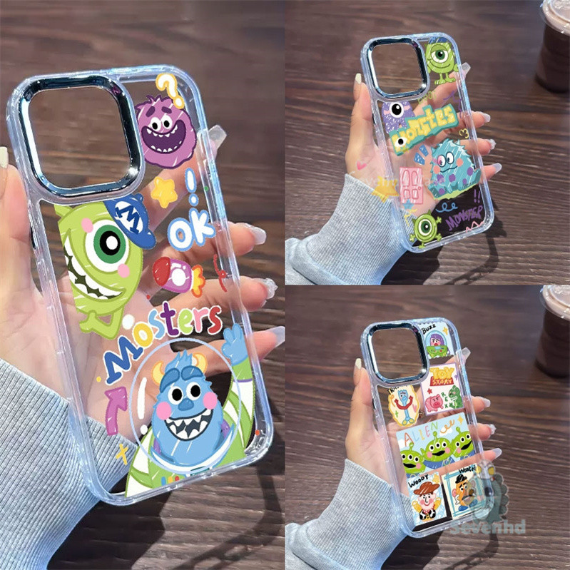 เข้ากันได้กับ IPhone 15 14 13 12 11 Pro Max XR 8 7 Plus SE 2020 X XS Max น่ารักการ์ตูนคู่ Little Monsters ตลกโปร่งใสเลนส์Electroplatedป้องกันซิลิโคนปกหลัง