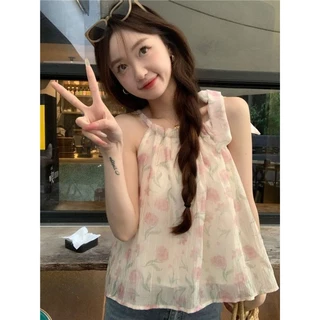 Micki-เสื้อกล้ามผู้หญิง ผ้าชีฟอง สายคล้องคอ เก๋ไก๋สไตล์นักเรียน เสื้อผ้าแฟชั่นสตรี
