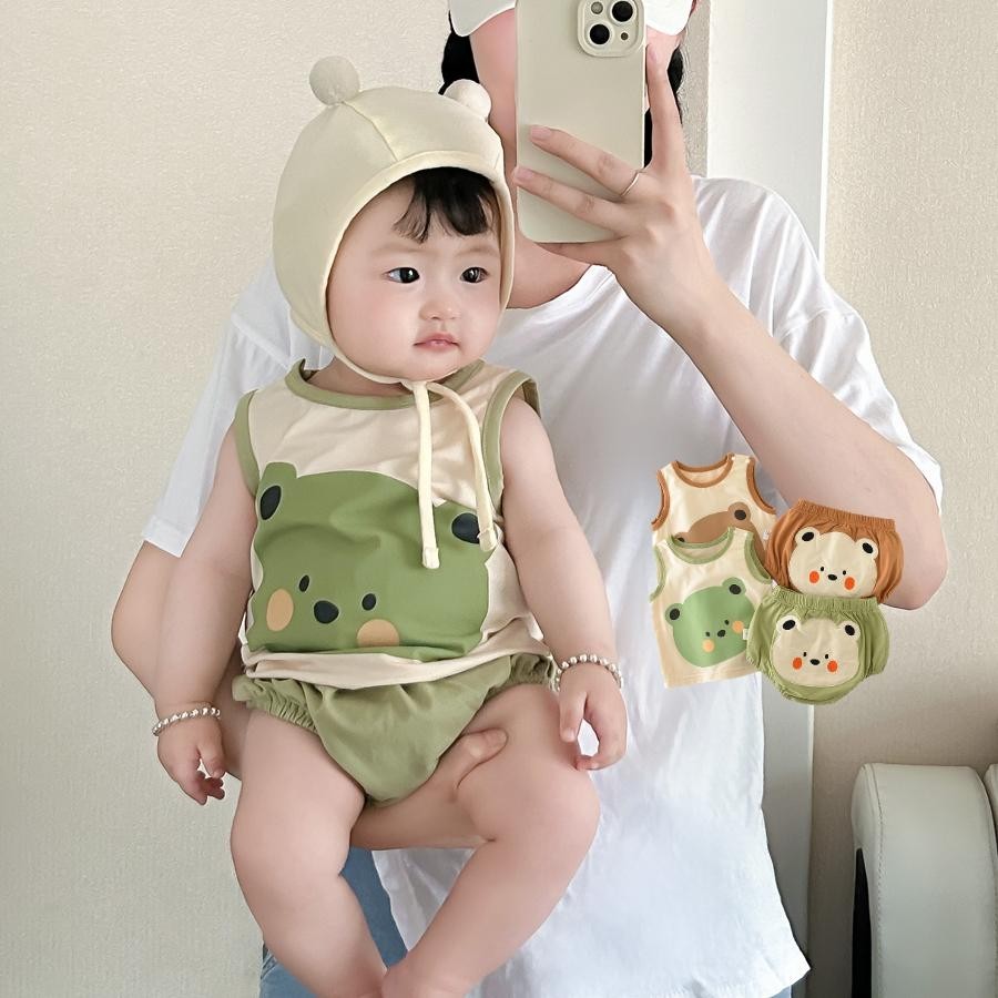 ฤดูร้อนใหม่เด็กทารกชายและหญิงเสื้อกล้ามแขนกุด + กางเกงขาสั้น หน้า ชุด 0-3 ปีเด็กการ์ตูนหมีชุดสองชิ้นสไตล์เกาหลี