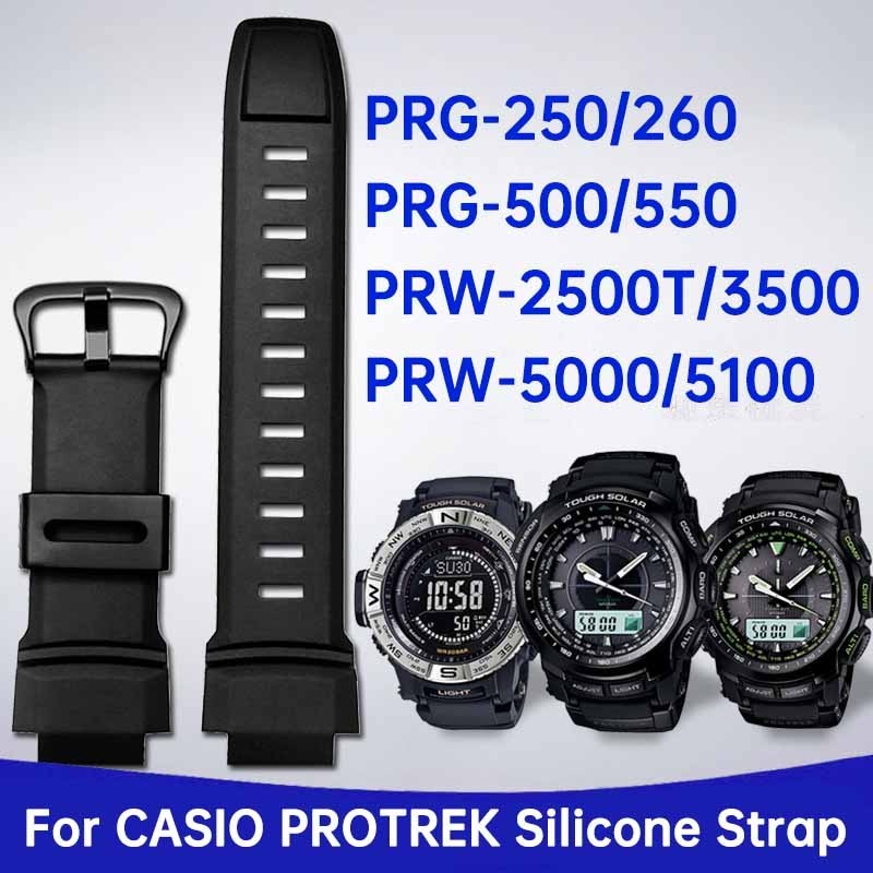 สายนาฬิกาซิลิโคนกันน้ําสําหรับ Casio Protrek PRG-260 PRG 550 250 500 PRW-3500 PRW 2500 5100 ยางสายนาฬิกาเรซิ่นสายรัดข้อมือผู้ชายผู้หญิงสร้อยข้อมือกีฬา Pro Trek